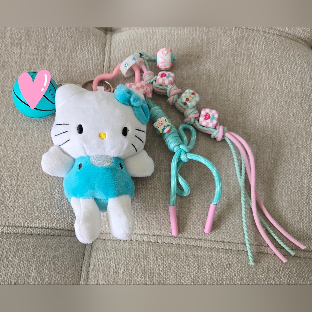 Hello Kitty Plush in Turquoise Dress and Basketball Bagcharm / Keychain